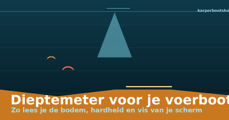 Sonarbeeld van een dieptemeter op een voerboot met dieptelijn, harde plaat en visbogen